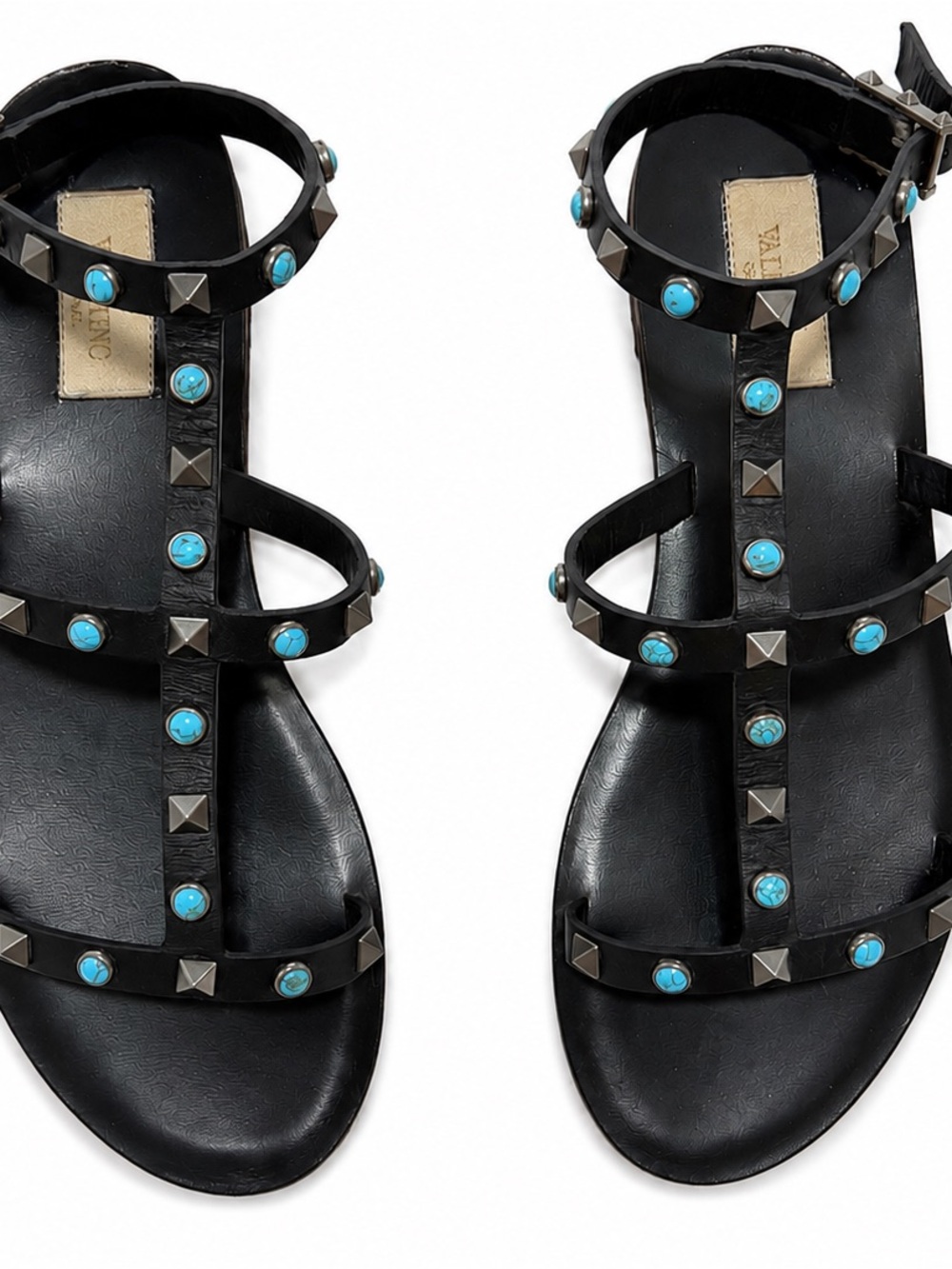 Valentino Garavani Black Leather Gladiator Sandals with Turquoise Accents